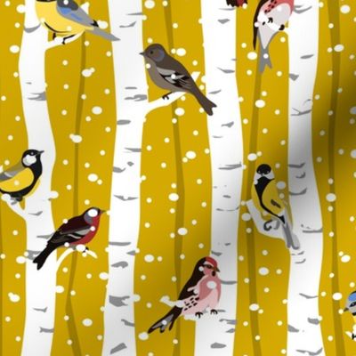 Snowy birchwood with songbirds
