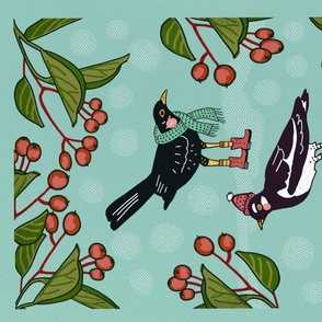 Winter Christmas Birds With Berries and Snow Teatowel Panel
