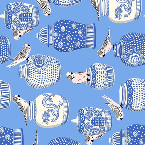 budgies  and ginger jars/blue/rotated