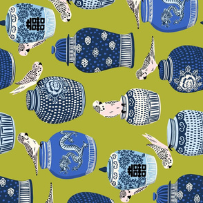 budgies and ginger jars/blue green/rotated