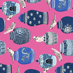 budgies and ginger jars/pink blue/rotated