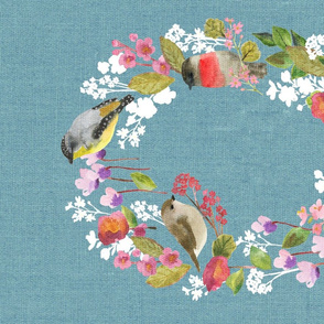 Winter Birds in the Garden Wreath Tea Towel {Blue}