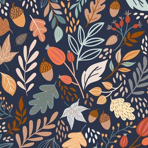 Fall Holiday Leaves Design Light Brown Brown Orange Autumn Dark Blue  Fabric