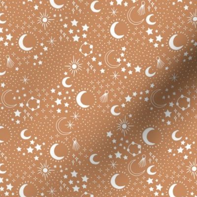 Mystic Universe party sun moon phase and stars sweet dreams night burnt orange caramel brown