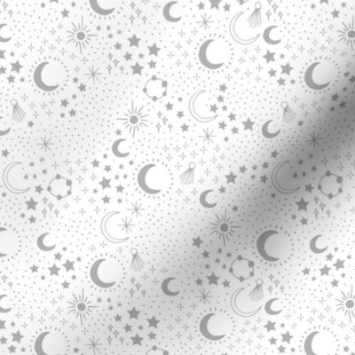 Mystic Universe party sun moon phase and stars sweet dreams night soft gray white