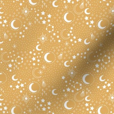 Mystic Universe party sun moon phase and stars sweet dreams night ochre yellow white