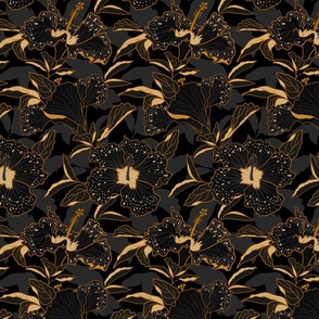 moody tropical hibiscus-moody floral-black and gold-small scale