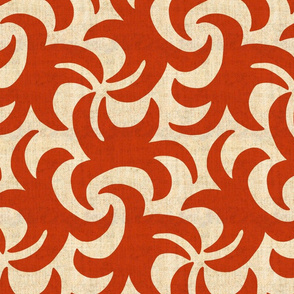 Red on Cream Linen Texture Whirling Sprouts
