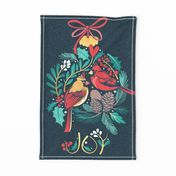 Winter birds Christmas Joy tea towel // holiday ornament with green leaves and red cardinal birds