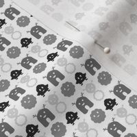 Monsters in a Row - black and grey on white background - teeny tiny