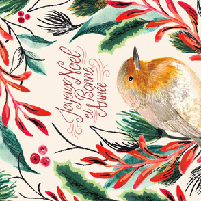 Joyeux Noël Winter Holiday Robin Tea Towel // © ZirkusDesign Christmas Birds + Botanicals // Bonne Année French, Gouache, Painted, © ZirkusDesign