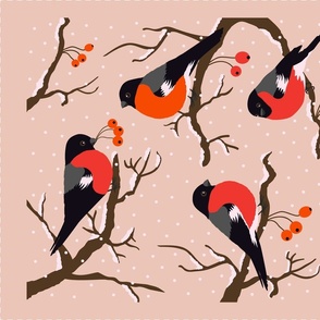 Winter Birds Bullfinch trees red berries blush Wall Hanging