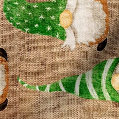 Green Watercolor Gnomes on Burlap rotated - large scale