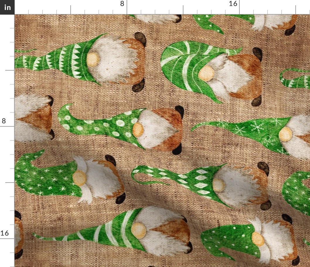 Green Watercolor Gnomes on Burlap rotated - large scale