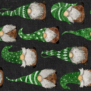 Green Watercolor Gnomes on Dark Grey Linen rotated - large scale