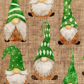 Green Watercolor Gnomes on Burlap - large scale 