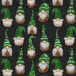 Green Watercolor Gnomes on Dark Grey Linen - medium scale