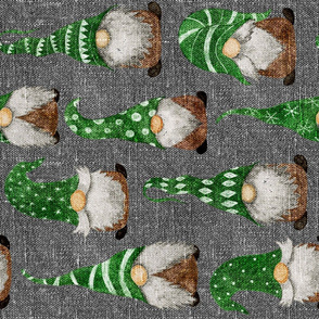 Green Watercolor Gnomes on Silver Grey Linen rotated - large scale