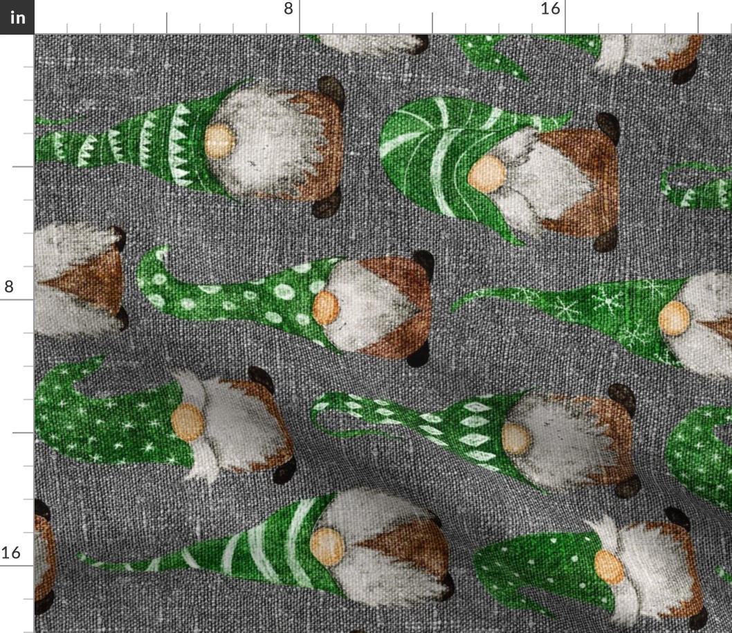 Green Watercolor Gnomes on Silver Grey Linen rotated - large scale