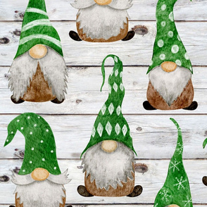 Green Watercolor Gnomes on Shiplap - large scale 