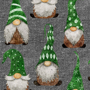 Green Watercolor Gnomes on Silver Grey Linen - large scale