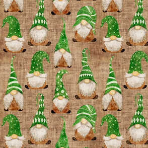 Green Watercolor Gnomes on Burlap - medium scale 