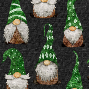 Green Watercolor Gnomes on Dark Grey Linen - large scale