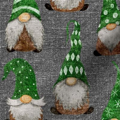 Green Watercolor Gnomes on Silver Grey Linen - medium scale