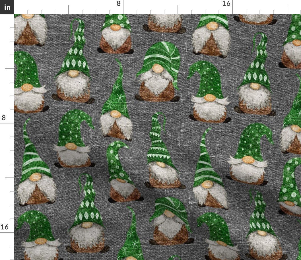 Green Watercolor Gnomes on Silver Grey Linen - medium scale