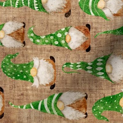 Green Watercolor Gnomes on Burlap rotated - medium scale