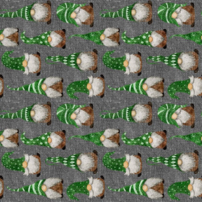 Green Watercolor Gnomes on Silver Grey Linen rotated - medium scale 