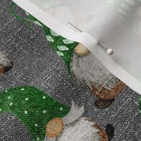 Green Watercolor Gnomes on Silver Grey Linen - small scale 