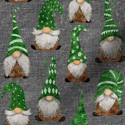 Green Watercolor Gnomes on Silver Grey Linen - small scale 