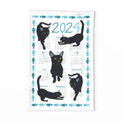 On Kitty Time - 2024 Calendar, Tea Towel, Black cat, teal, blue, on white scratch background