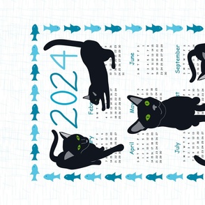 On Kitty Time - 2024 Calendar, Tea Towel, Black cat, teal, blue, on white scratch background