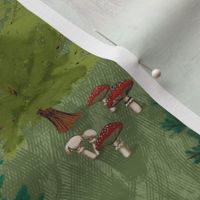 Large Forest on olive green dark with woodland animals // bear, baby boy nursery wallpaper, trees, mushrooms, kids room, baby boy, home decor, curtain, autumn, outdoors