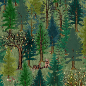 Large Forest on olive green dark with woodland animals // bear, baby boy nursery wallpaper, trees, mushrooms, kids room, baby boy, home decor, curtain, autumn, outdoors