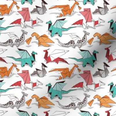 Tiny scale // Origami dragon friends // white background aqua orange grey and red fantastic creatures