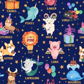 Small Watercolor zodiac animals astrology birthday party on dark blue