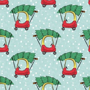 kids car with Christmas tree on minty blue w/ snow C20BS