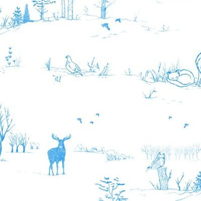 Winter Forest Toile in Ice Blue (large scale) | Pencil sketch Scandinavian wildlife: fox, moose and owl. Christmas nature, northern forest, snow scene.