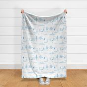 Winter Forest Toile in Ice Blue (xl scale) | Pencil sketch Scandinavian wildlife: fox, moose and owl. Christmas nature, northern forest, snow scene.
