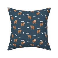 Woof! Barking kawaii shiba inu puppy dog paws and bone navy blue burnt orange brown