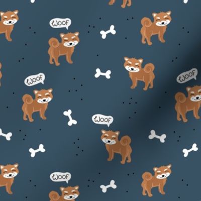 Woof! Barking kawaii shiba inu puppy dog paws and bone navy blue burnt orange brown