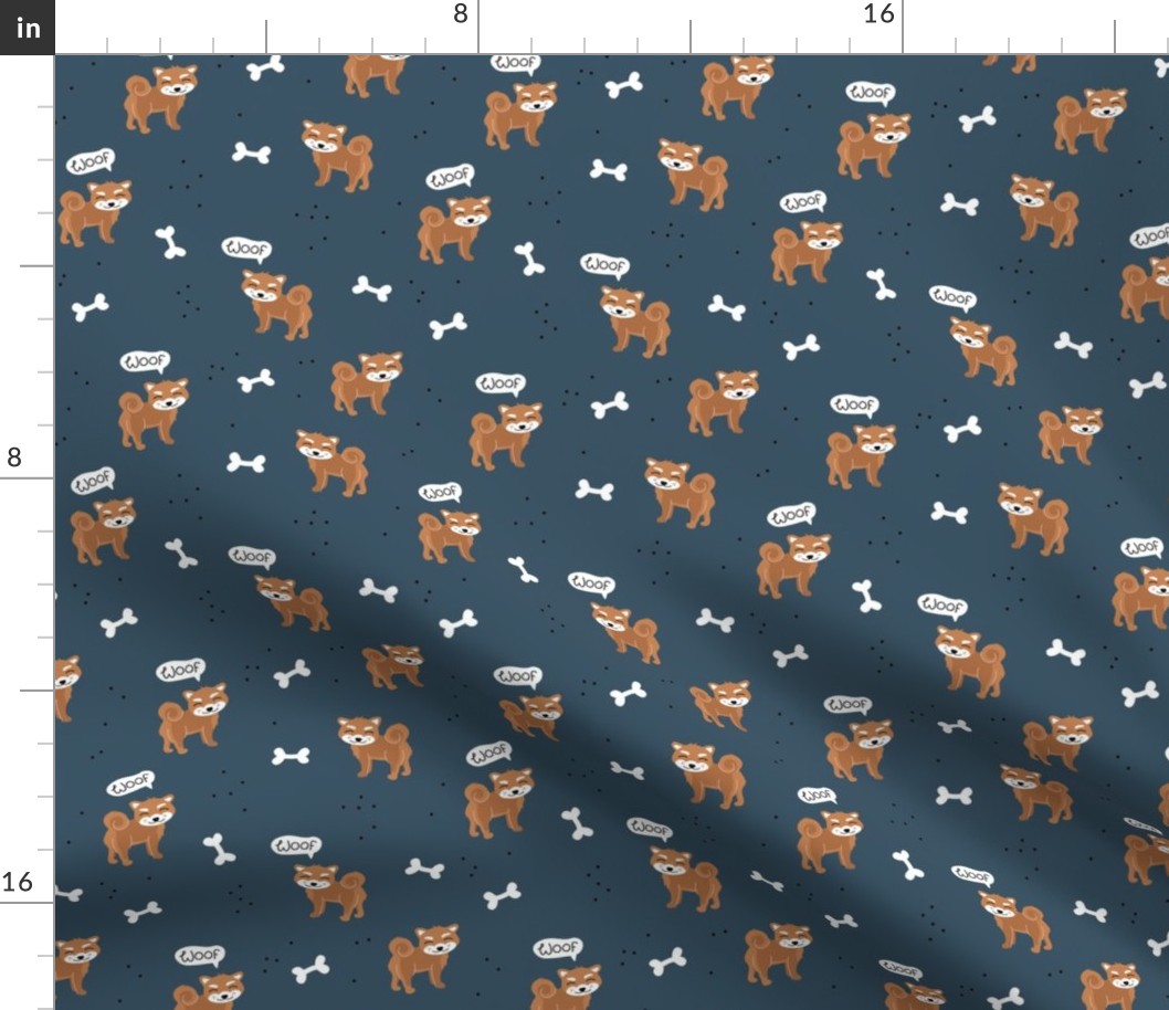 Woof! Barking kawaii shiba inu puppy dog paws and bone navy blue burnt orange brown