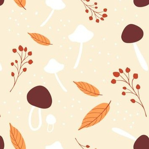 Fall Holiday Berrys Leaves Mushroom Design Light Brown Brown Orange Autumn Fabric