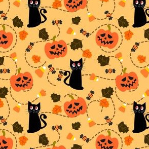 Halloween Fabric Cats and Pumpkins