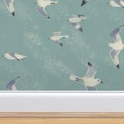 large scale painterly Flock of seagulls / grey blue