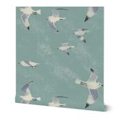 large scale painterly Flock of seagulls / grey blue