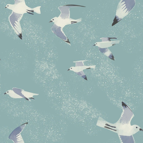 large scale painterly Flock of seagulls / grey blue